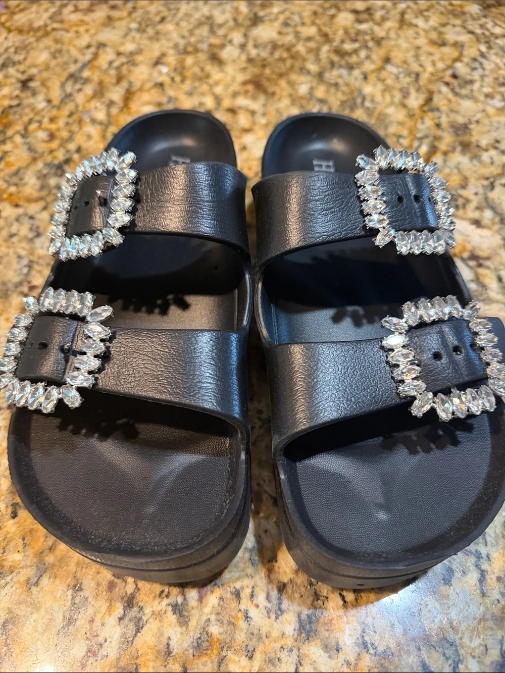 Black Crystal Buckle Double-Strap Slide Sandals 6.5 NWOT